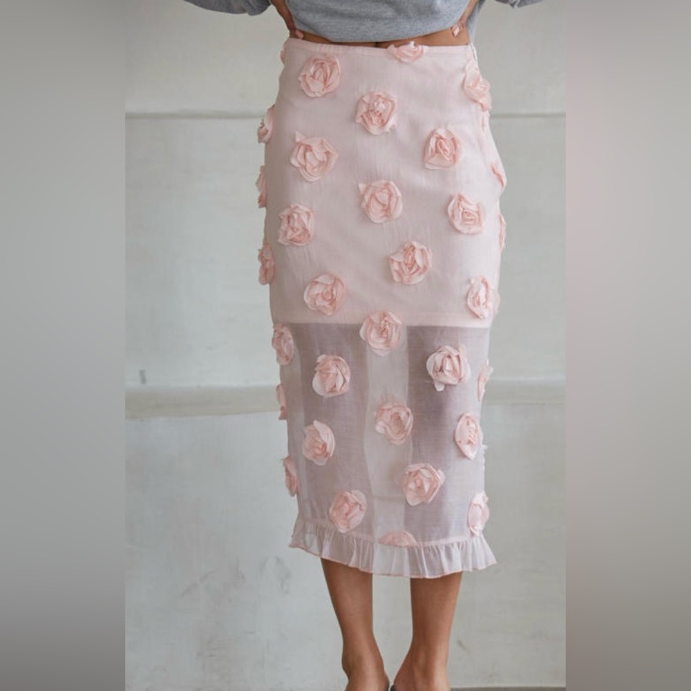 By Together Cream Pink Rose Appliqué Skirt